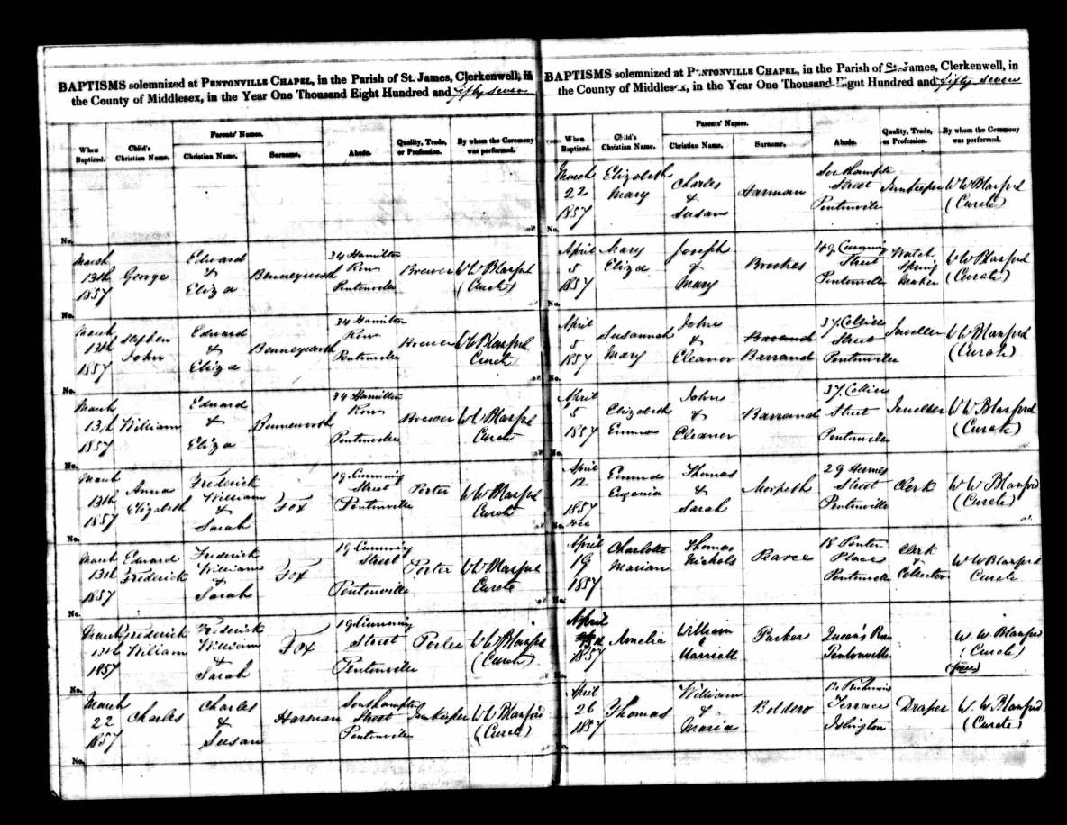 Baptism record of Susannah Mary Barrand – 37 Collier Street