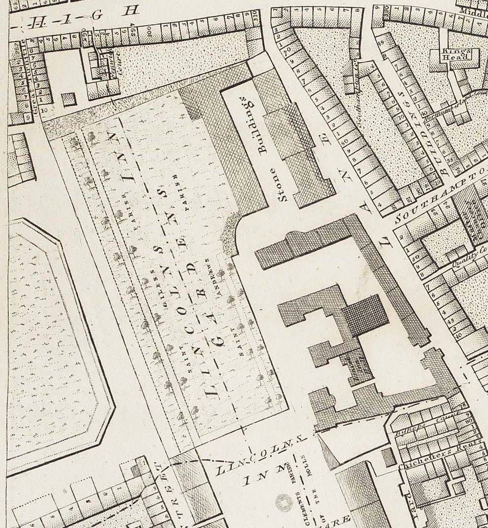 Richard Horwood map of 1792-1799 showing Chancery Lane, Bishop’s Court and Chichester Rents