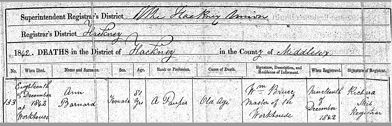 This death certificate is not that of Ann Barrand as it shows she was aged 81 when she died.
