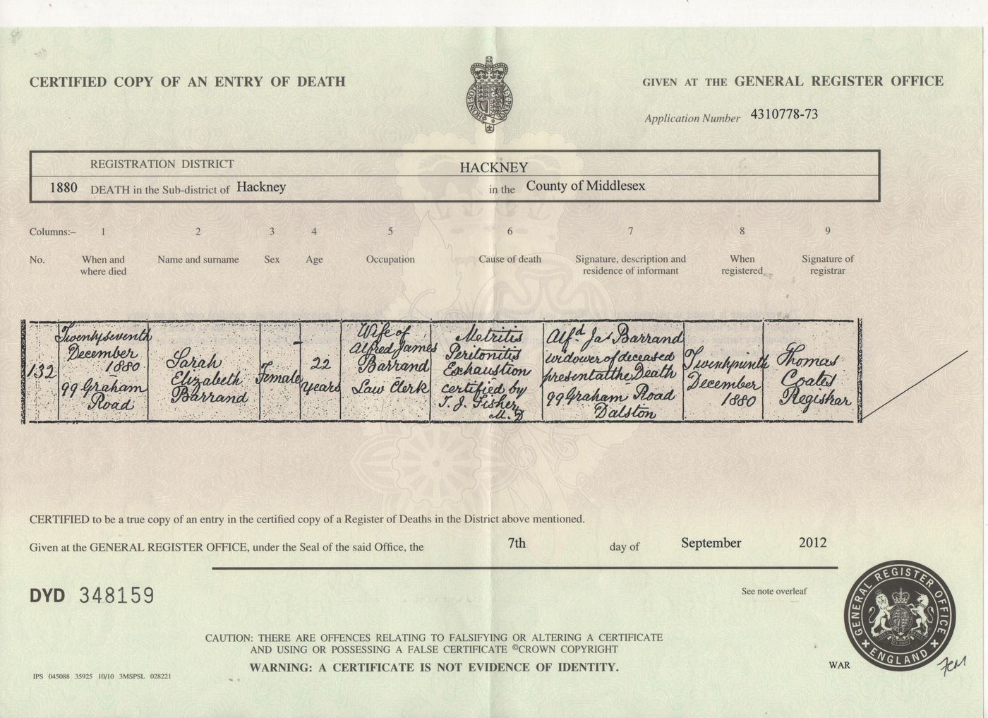 Death Certificate of Sarah Elizabeth Barrand 1880