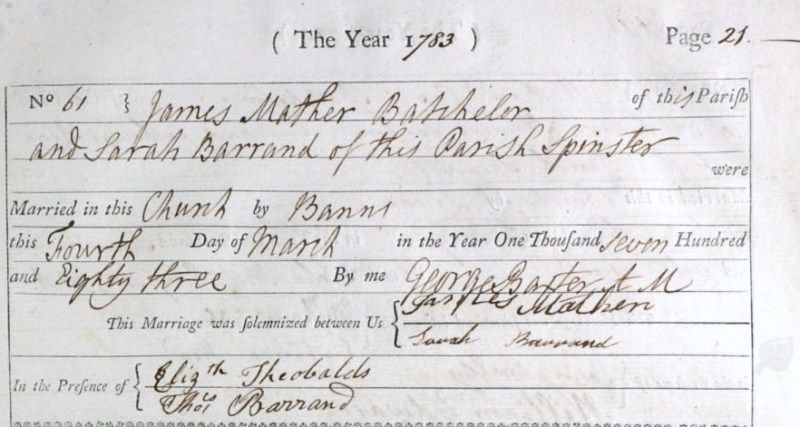 Marriage Record from the Parish Register showing the witness signature of Thomas Barrand.