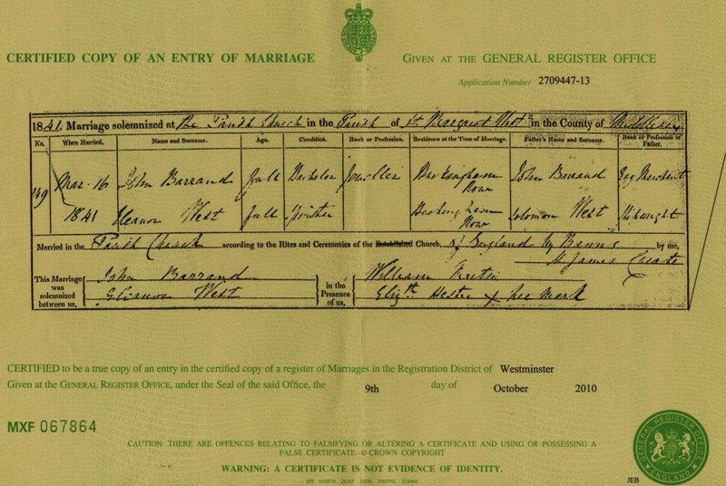 Marriage Certificate John Barrand and Eleanor West