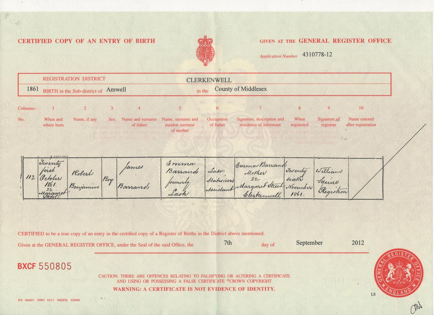 Birth Certificate of Robert Benjamin Barrand