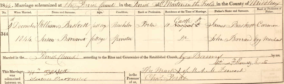 Marriage for Susan Barrand and William Baskett