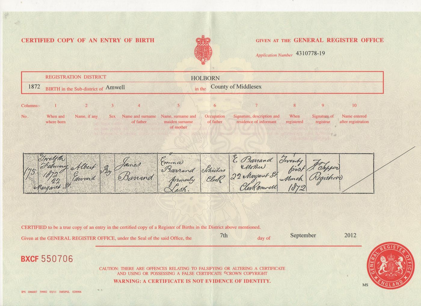 Birth Certificate of Albert Edward Barrand 1872