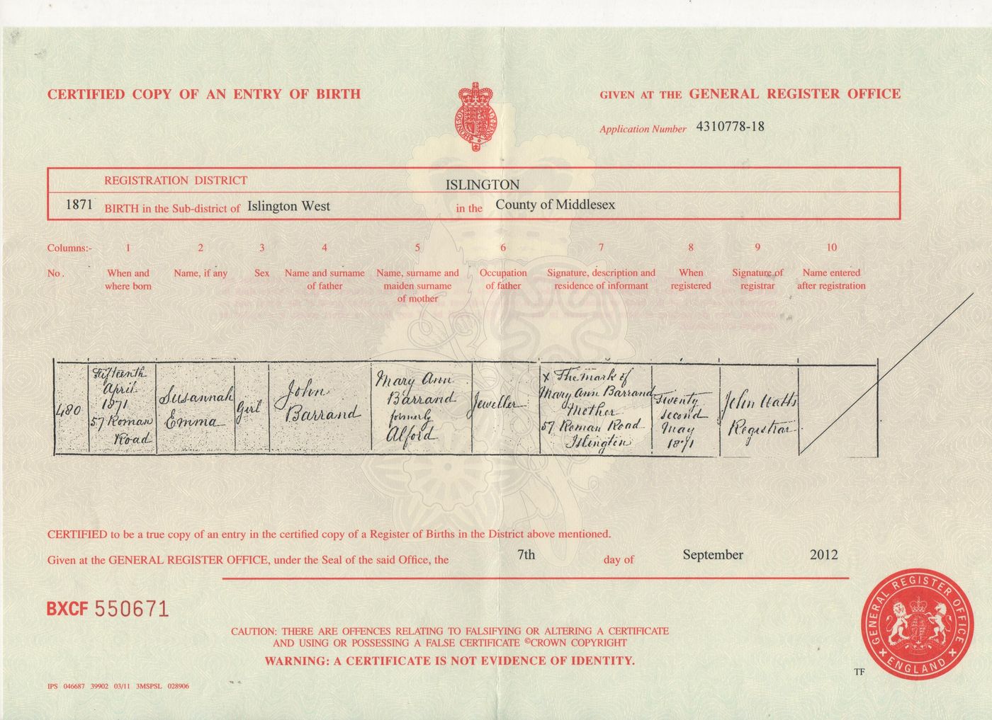 Birth Certificate Susanna Emma Barrand