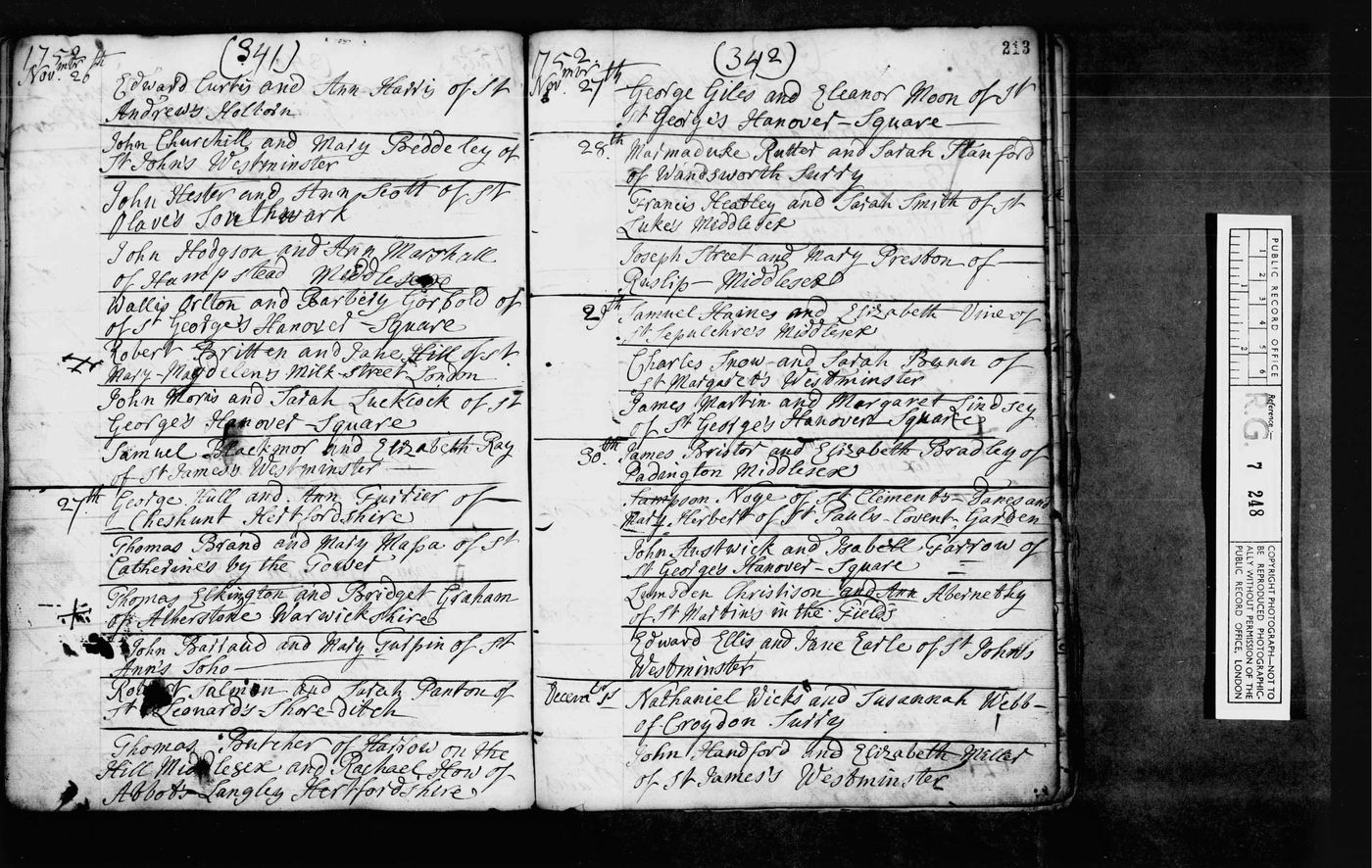Parish Record of marriage of John Barraud + Mary Turpin – date 27th November, 1752.