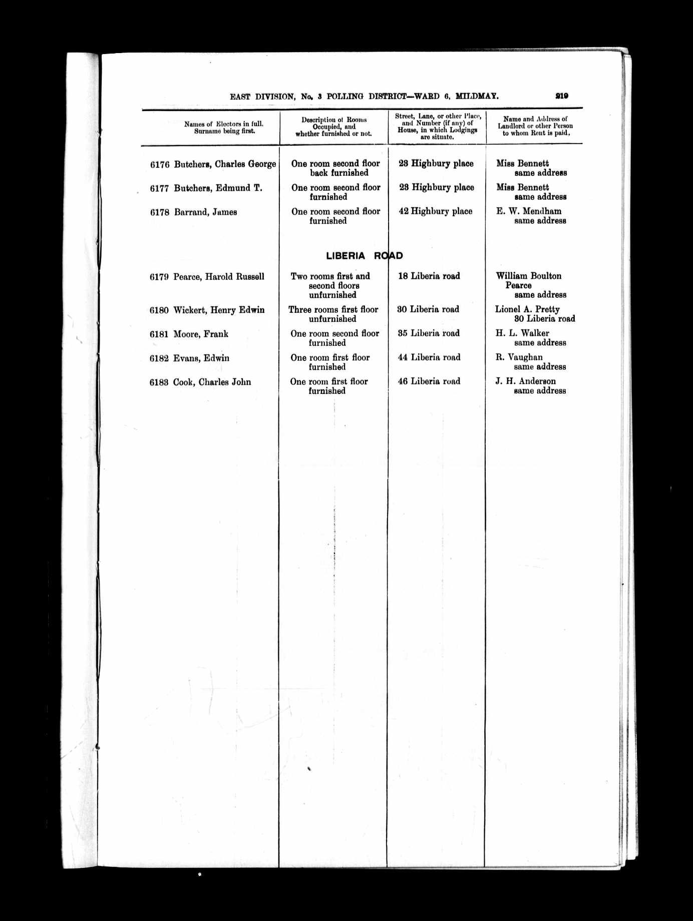 1907 Voters’ list showing James Barrand living at 42 Highbury Place with daughter and Son-I-L Edward Mendham