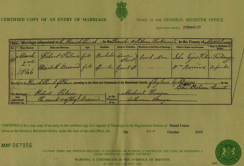 Marriage Certificate of Elizabeth Barrand and Robert Palmer