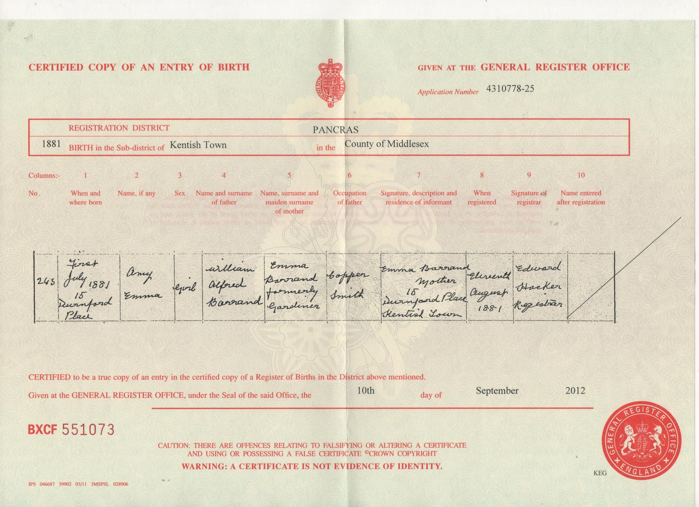 Birth Certificate Amy Emma Barrand