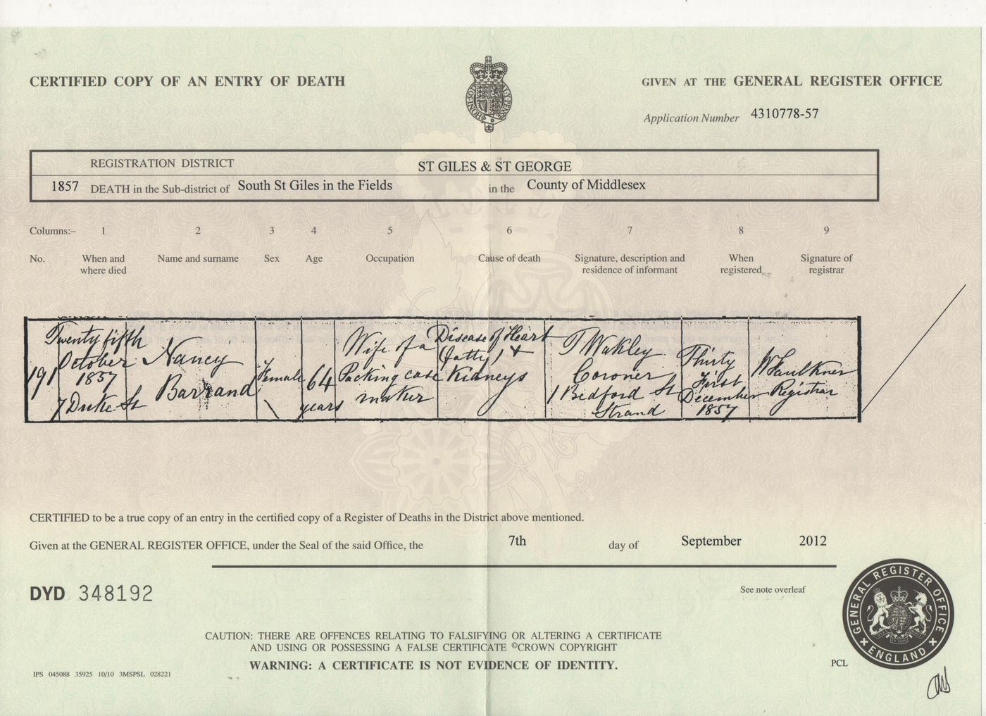Death Certificate of Nancy Barrand