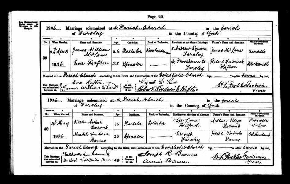 Marriage certificate of Walter Arthur Barrand and Mabel Barnes