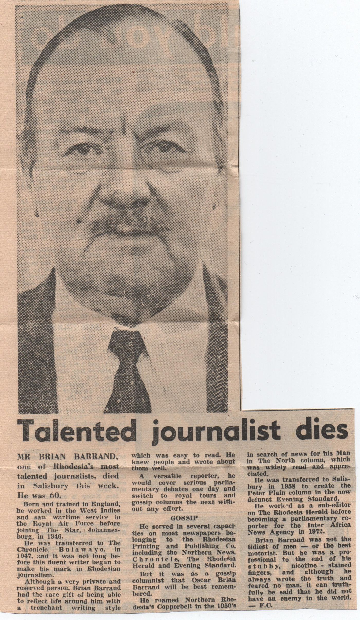 Obituary, Oscar Brian Barrand – Rhodesia Herald