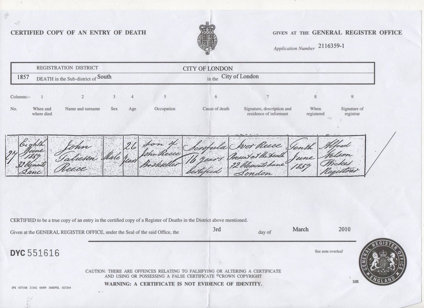 Death Certificate John Taleisen Reece 1857