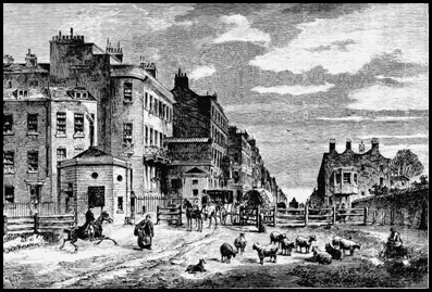The Marble Arch end of Oxford Street, early nineteenth century, formerly known as the Tyburn Turnpike.