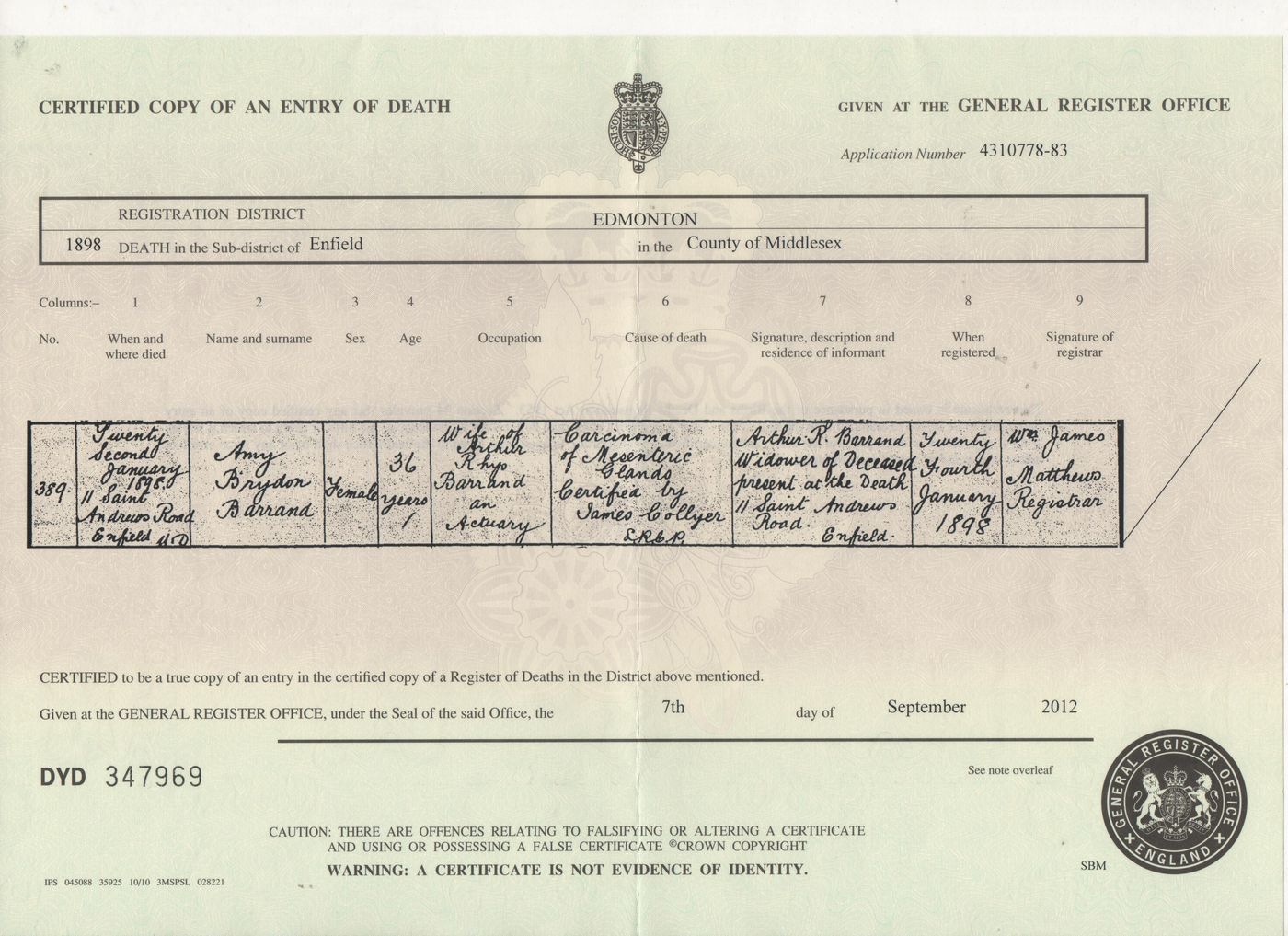 Death Certificate of Amy Brydon Schofield 1898