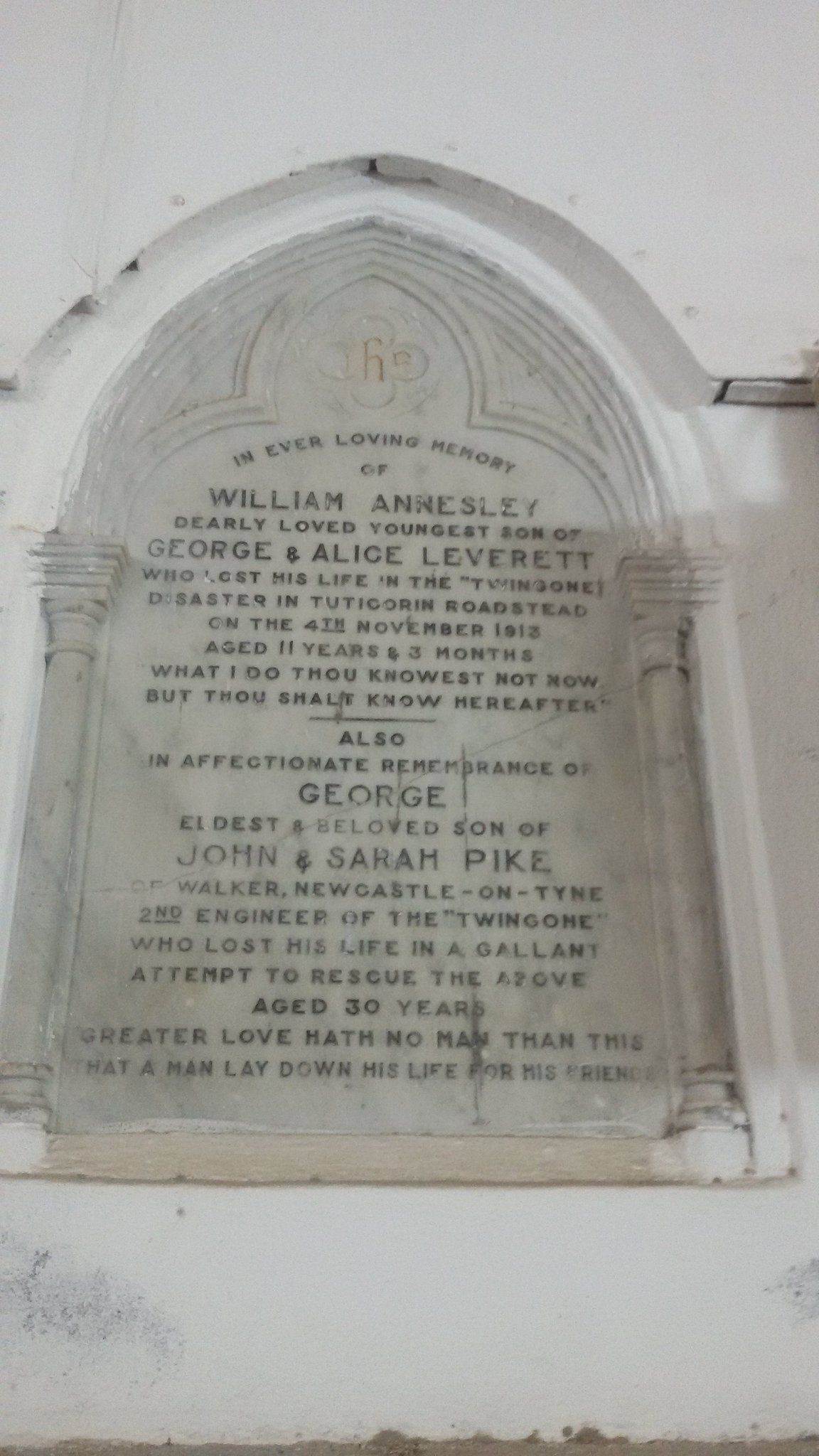 Memorial to William Leverett and George Pike of the Twingone in Tuticorin Church