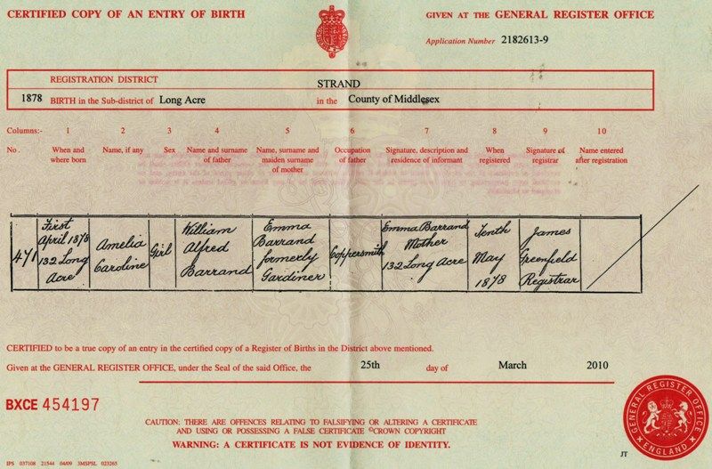 Birth Certificate Amelia Caroline Barrand
