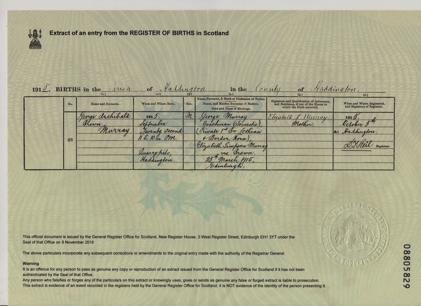 Birth Certificate George Archibald Brown Murray