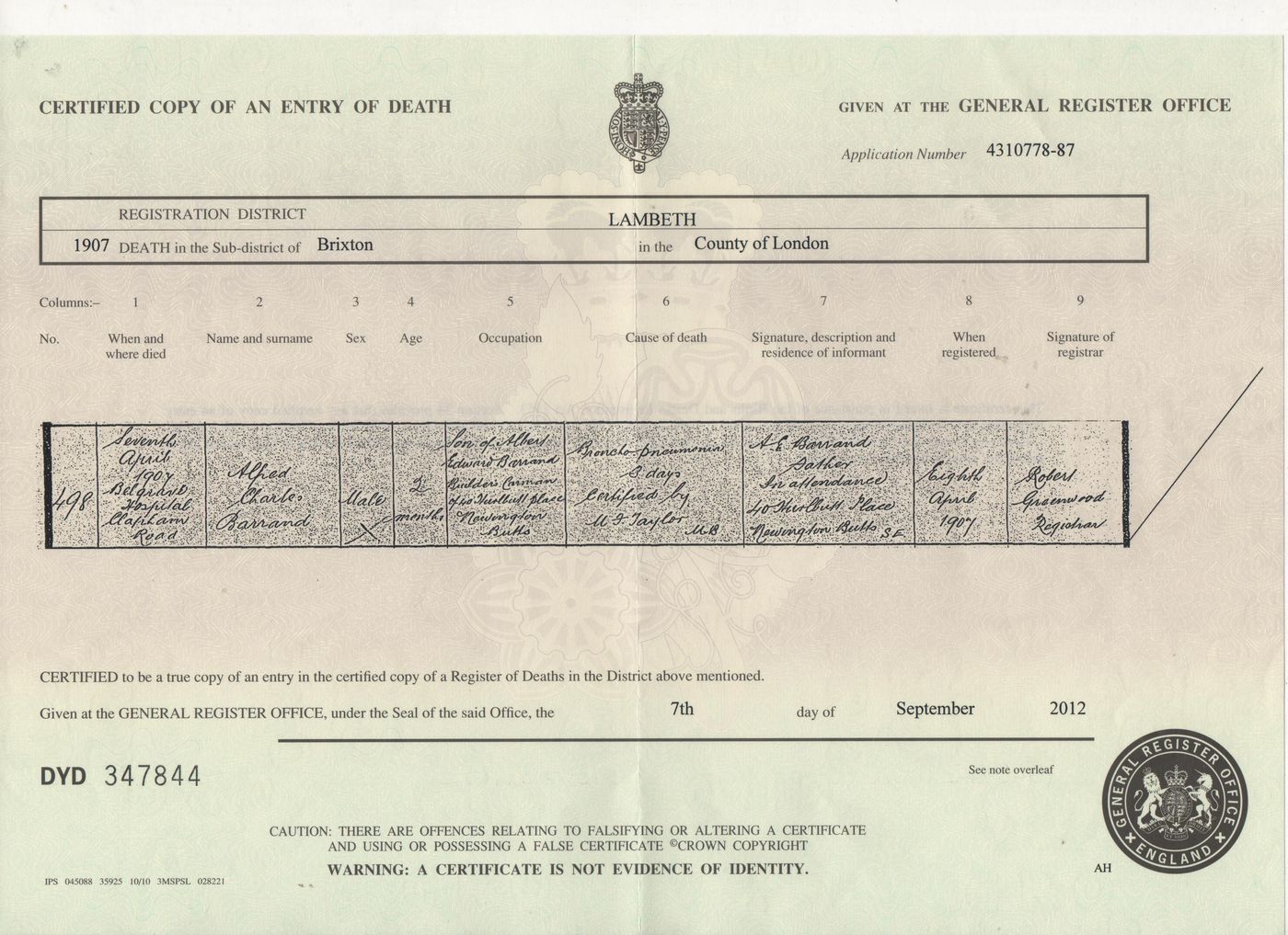 Death Certificate of Alfred Charles Barrand 1907