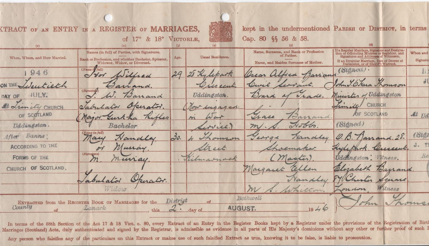 Marriage Certificate - Ivor Barrand + Mary Handley (nee Murray)
