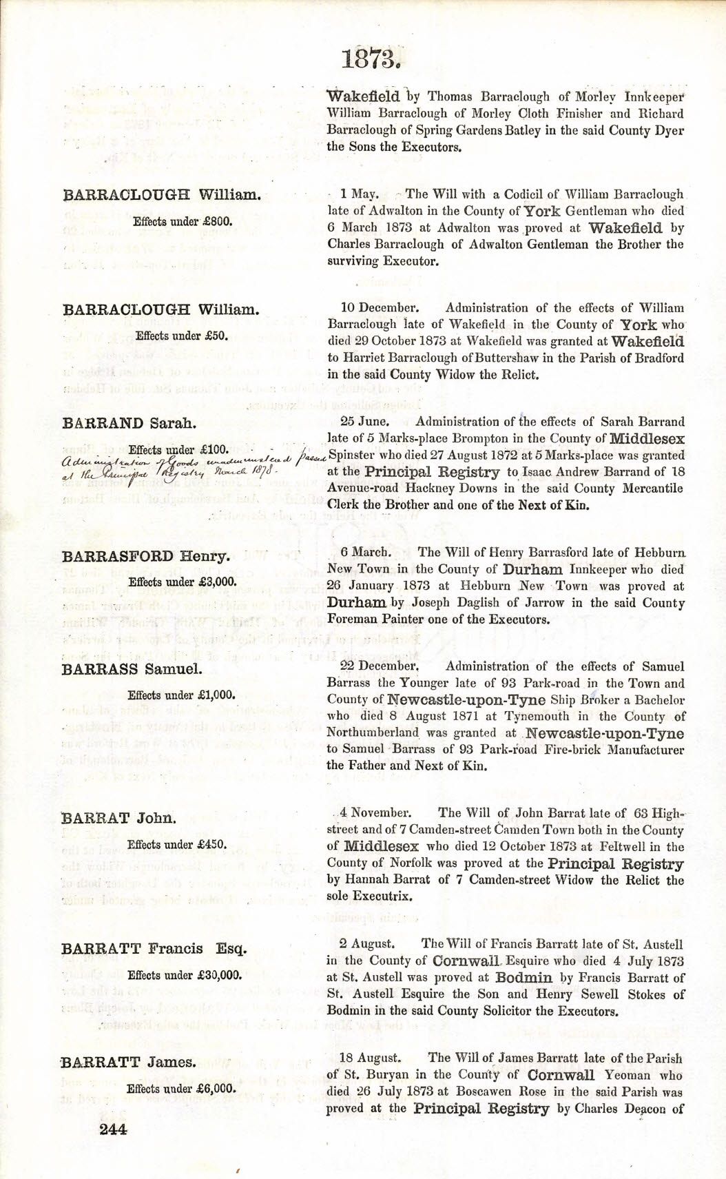 1st Will of Sarah Barrand – Not administered