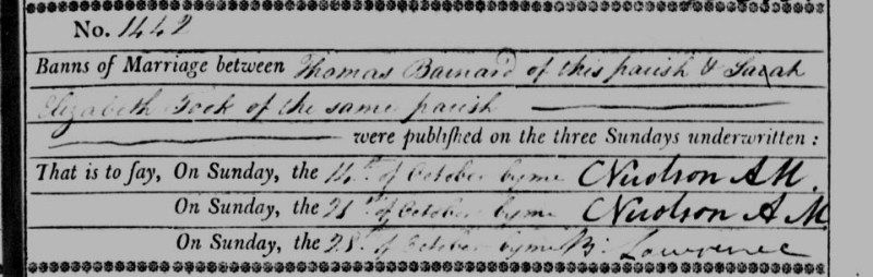Copy of banns Notice of the Marriage of Thomas Barrand and Sarah Took