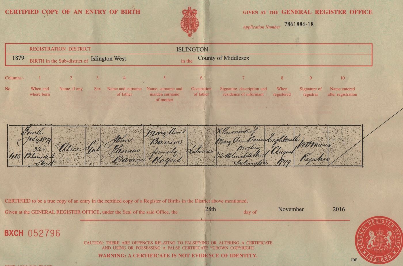Birth Certificate Alice Annie Barrand 1879