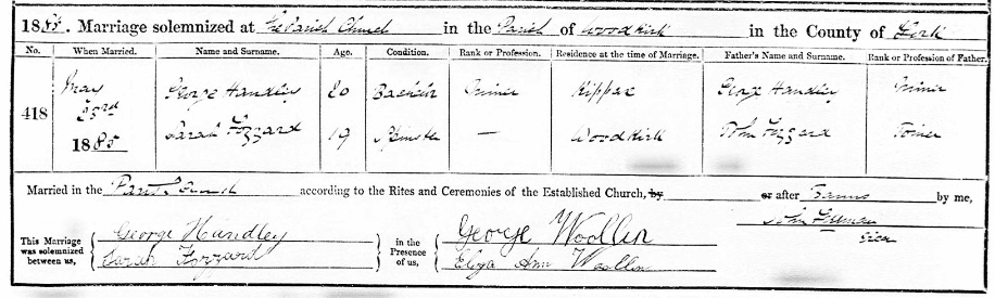 Marriage Certificate George Handley and Sarah Fozzard