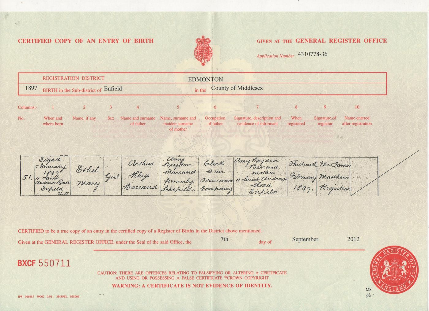 Birth Certificate of Ethel Mary Barrand 1897