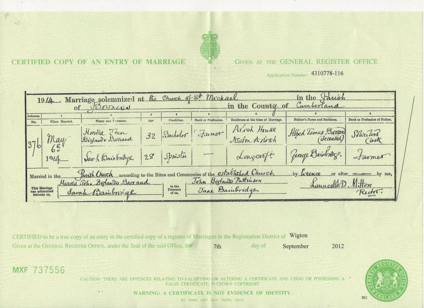 Marriage Certificate of Harold John Biglands Barrand and Sarah Bainbridge