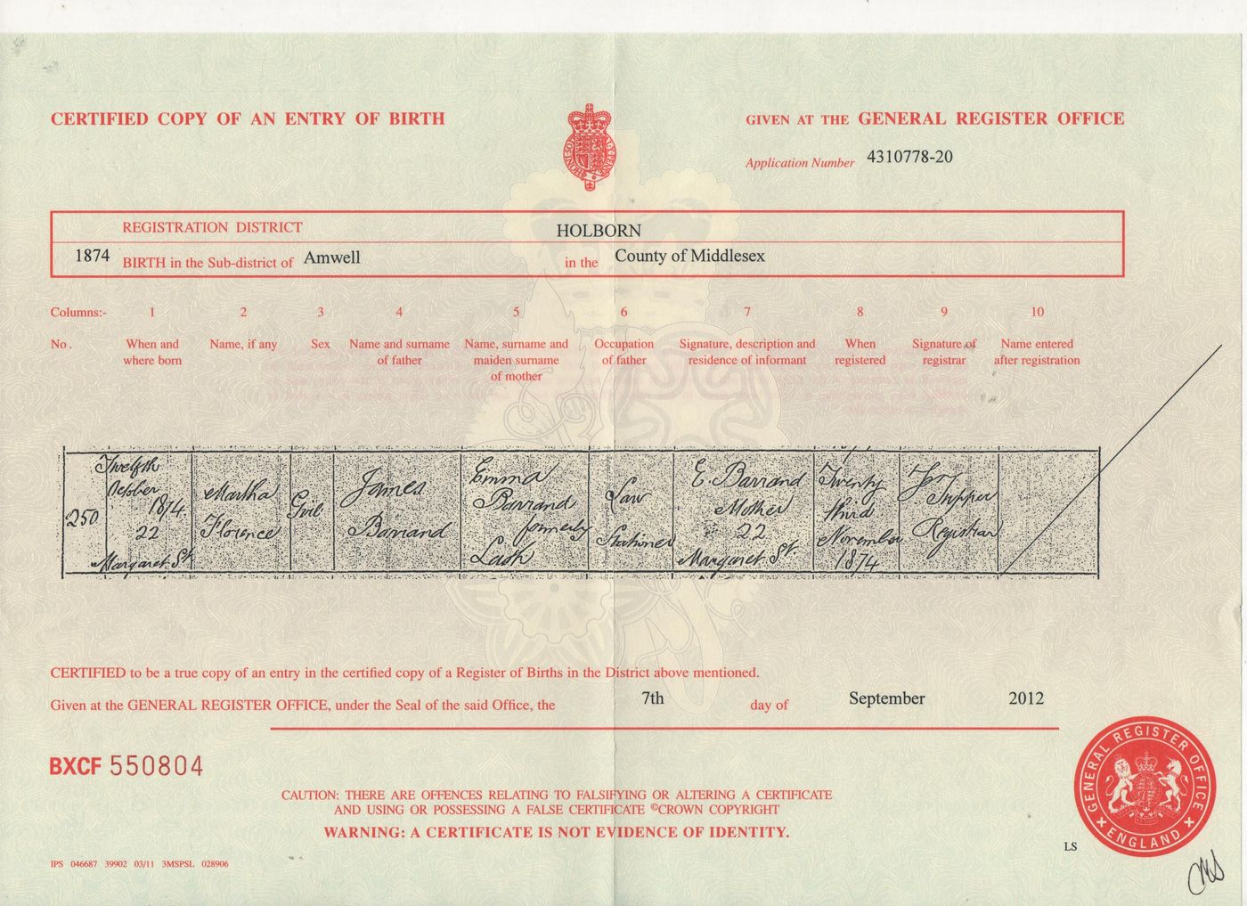 Birth Certificate Martha Florence Barrand 1874