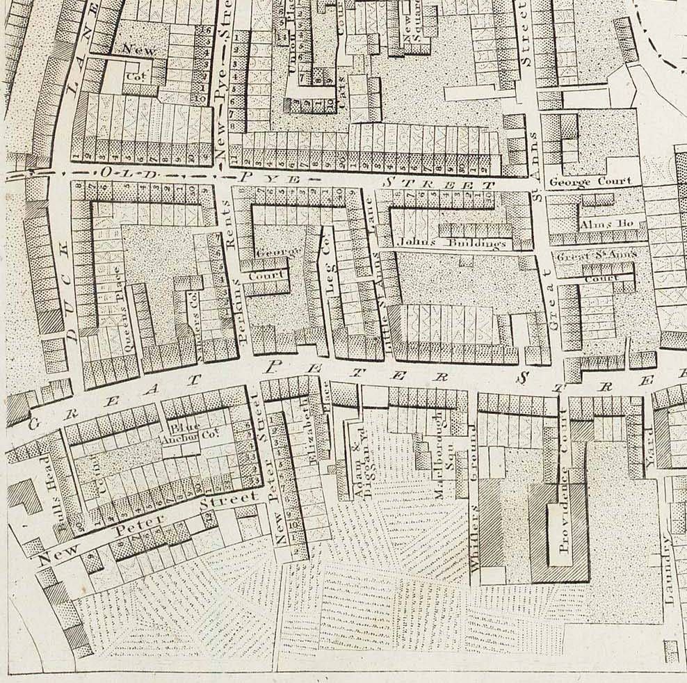 Richard Horwood map of 1799 showing No 48 Old Pye Street on the corner