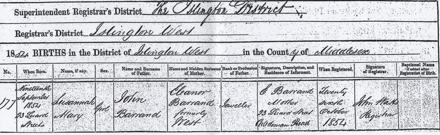 Birth Certificate Susannah Mary Barrand – 23 Luard Street