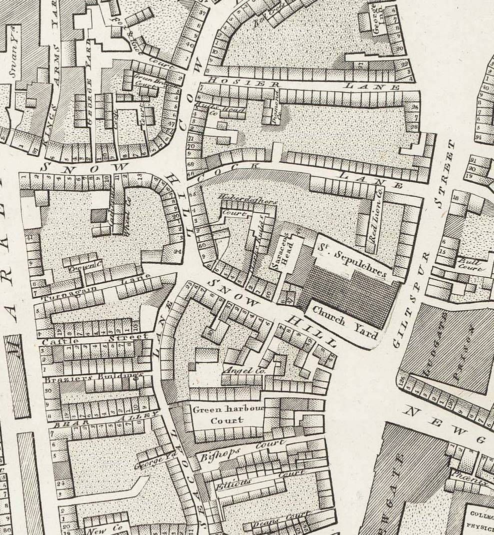 Turnagain Lane and St Sepulchre’s Church Richard Horwood map of 1799