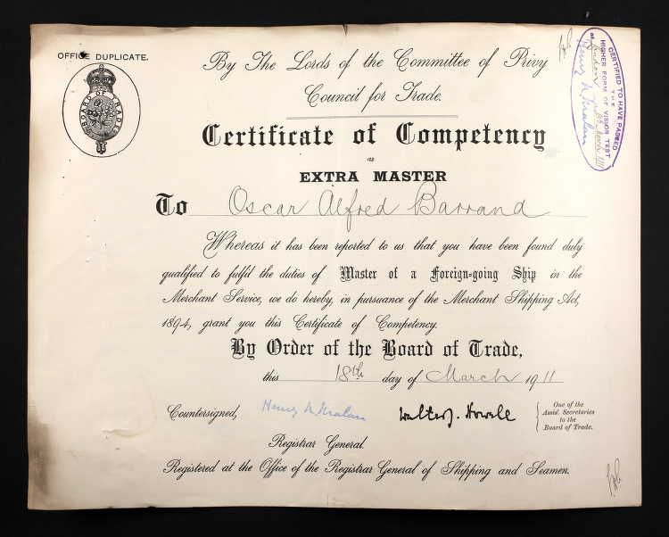 Masters’ Certificate of Competency 18th March, 1911