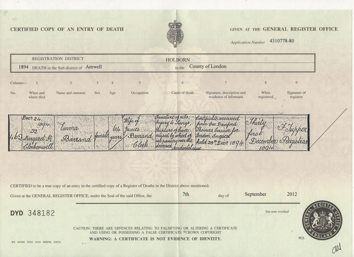 Death Certificate of Emma Barrand (nee Lash)