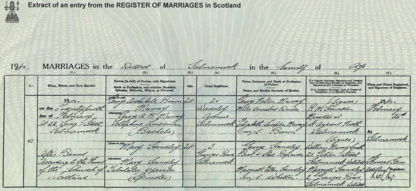 Marriage Certificate George Archibald Murray + Mary Handley 24/02/1940