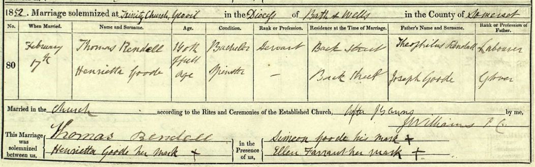 Marriage certificate Thomas Randell and Henrietta Goode in 1852