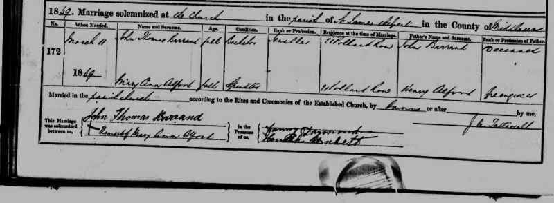 Marriage Certificate John Thomas Barrand and Mary Ann Alford