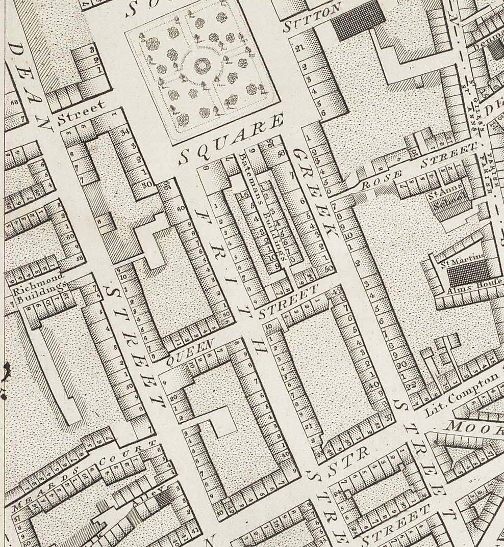 Greek Street where Elizabeth Barrand lived Crown Street where Robert Palmer lived