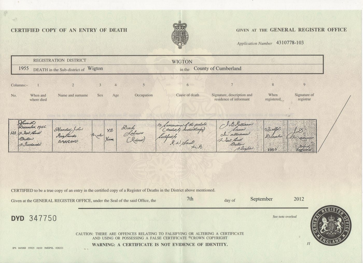 Death Certificate of Harold John Biglands Barrand