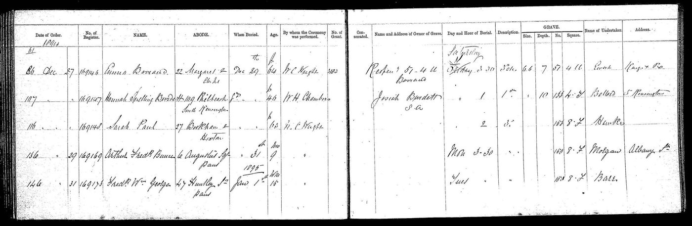 Cemetery record of Emma Barrand - 22, Margaret Street aged 64, buried - 29/12/1894