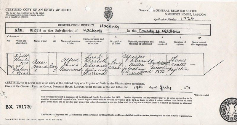 Birth certificate of Oscar Alfred Barrand