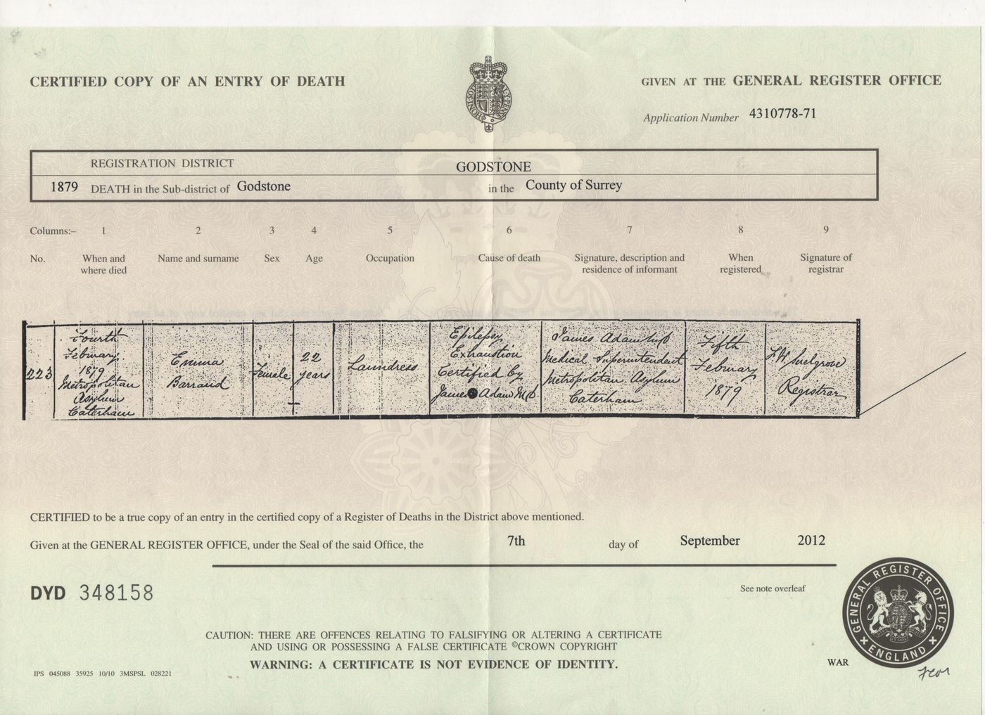 Death Certificate Emma Barrand 1879