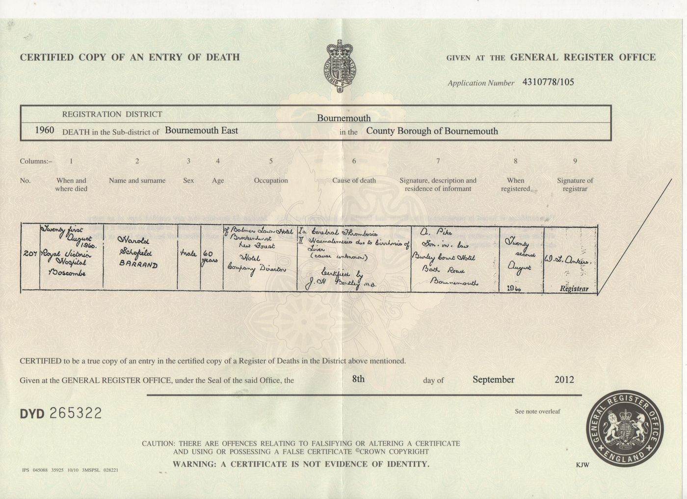 Death Certificate of Harold Schofield Barrand 1960