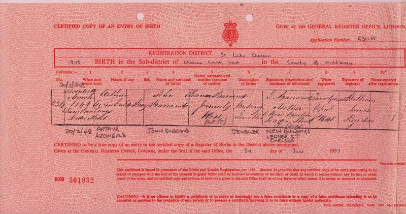 Birth Certificate of Arthur Archibald Barrand