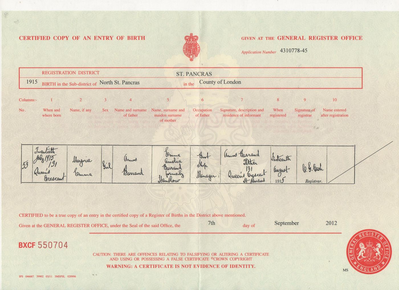 Birth Certificate of Marjorie Emma Barrand