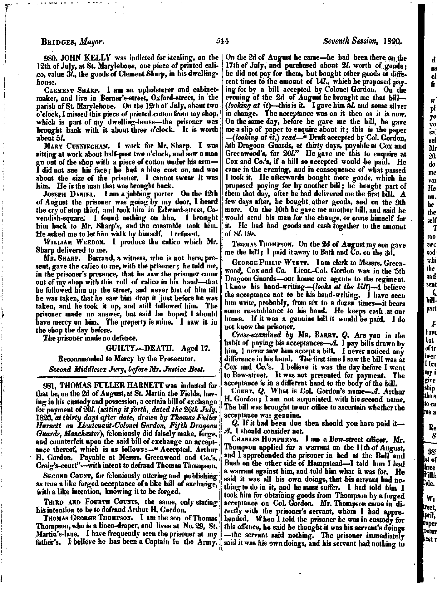 Old Bailey Records 18th September, 1820
