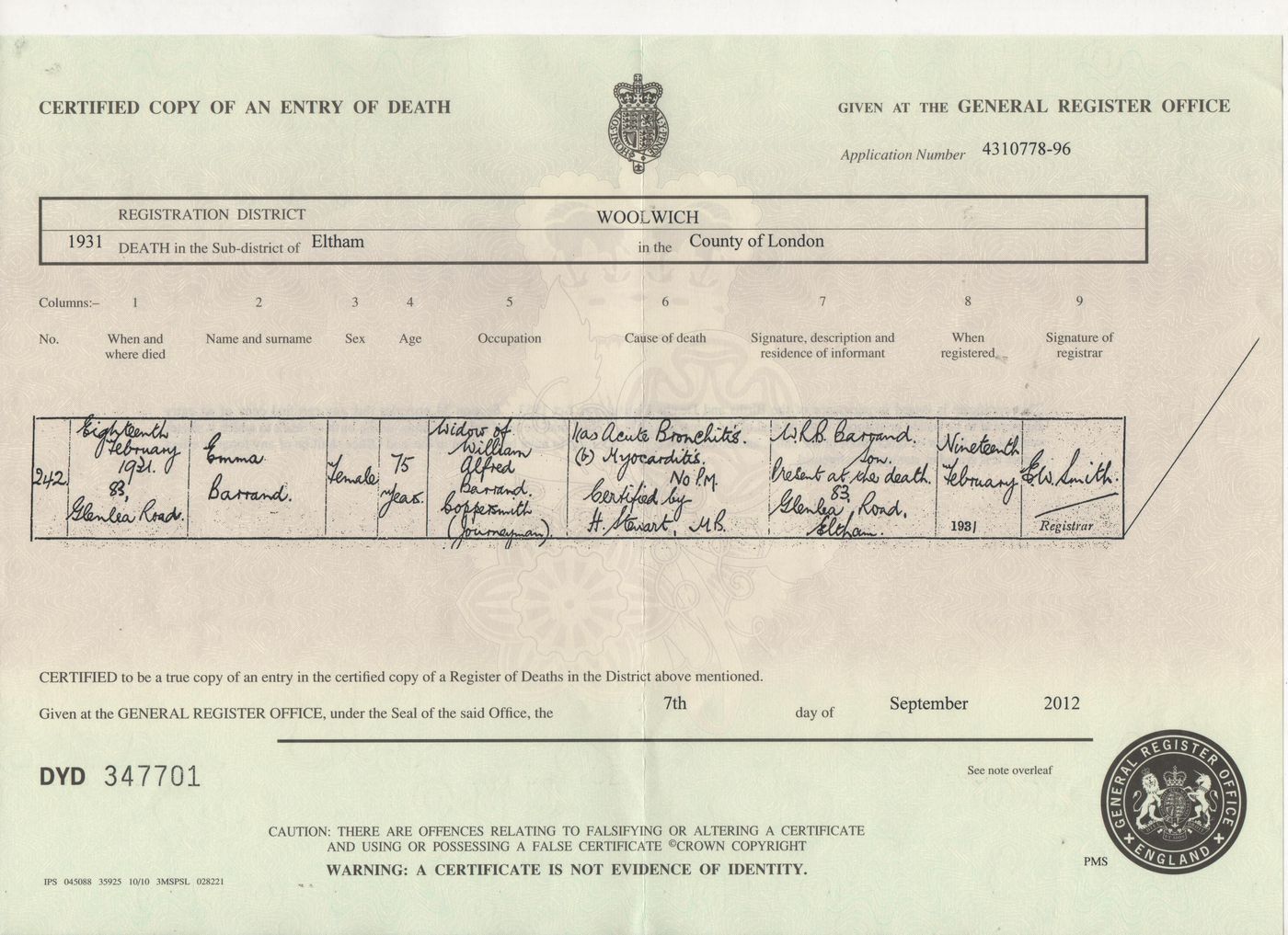 Death Certificate Emma Barrand (nee Gardiner) 1931